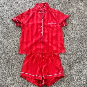 Red Satin Pajama Set with White Piping